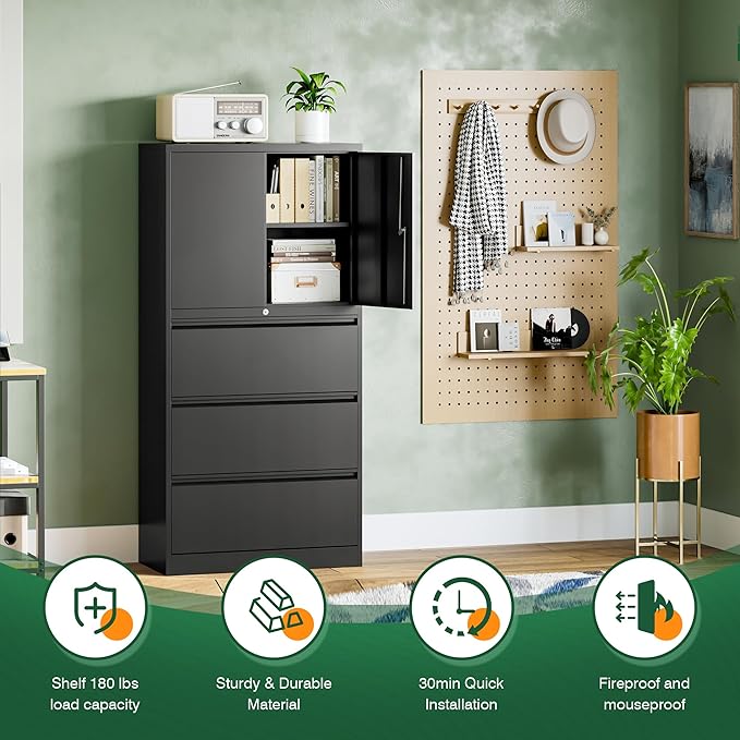 Letaya 3 Drawer Metal Storage Cabinets for Home Office,File Cabinet with Lock and 2 Adjust Shelves-Hang Filing Legal/Letter/A4/F4 Size（Black
