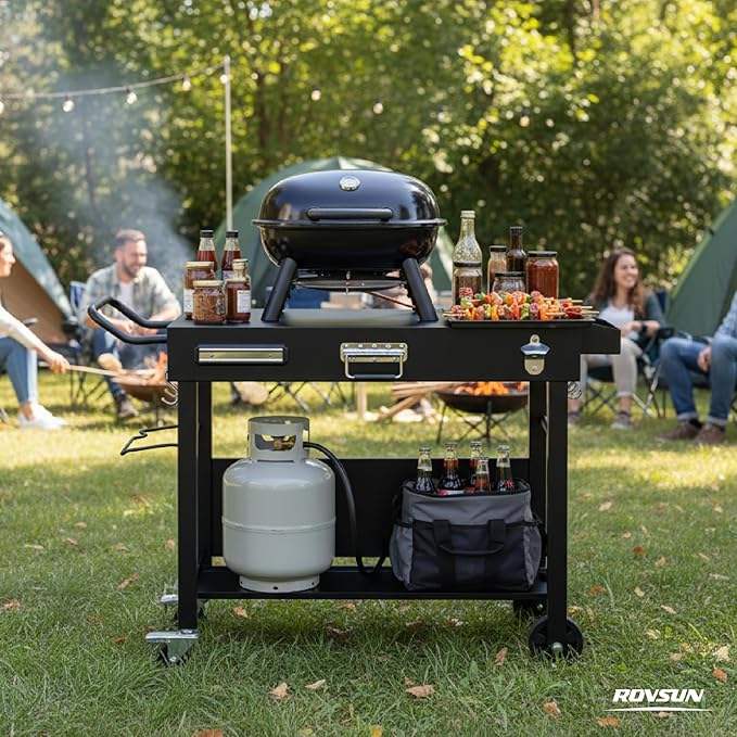 ROVSUN Outdoor Grill Table Cart, Foldable Grill Cart with Wheels, Rolling Table for Ninja, Blackstone Griddle, Pizza Oven Stand, Food Prep Table w/Bottle Opener, Seasoning Tray, Rubbish Bag Holder
