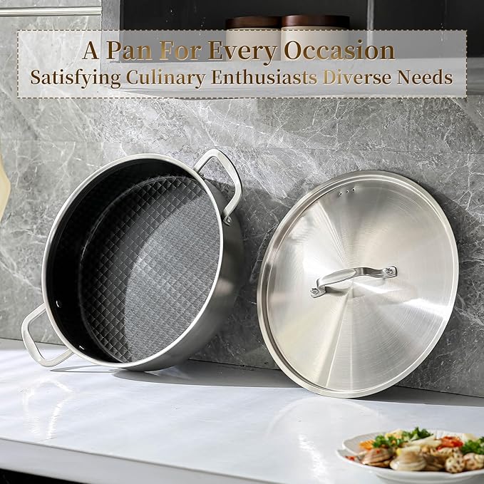 DELARLO 7Quart Tri-Ply Stainless Steel Non Stick Braiser Pan with Lid,Deep Frying Pan,Large Induction Skillet,Jumbo Cooker,Heavy Duty and Oven Safe.Large Saute Pan,Dishwasher and Oven Safe to 550℉