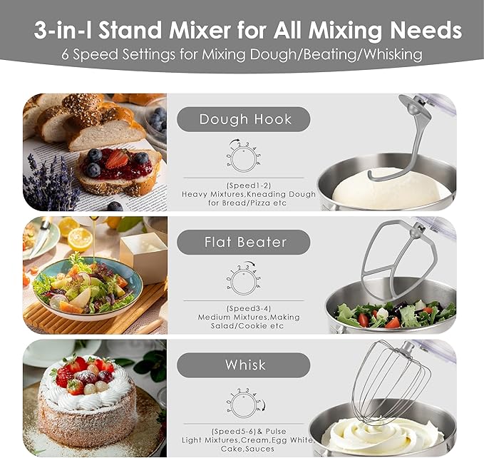 Kitchen in the box Stand Mixer - 8.5 Quart Mixing Bowl with Handle, 900 Watt Heavy Bread Dough Standing Mixers Tilt-head with Dough Hook, Whisk, Flat Beater and Splash Guard (Cream White)