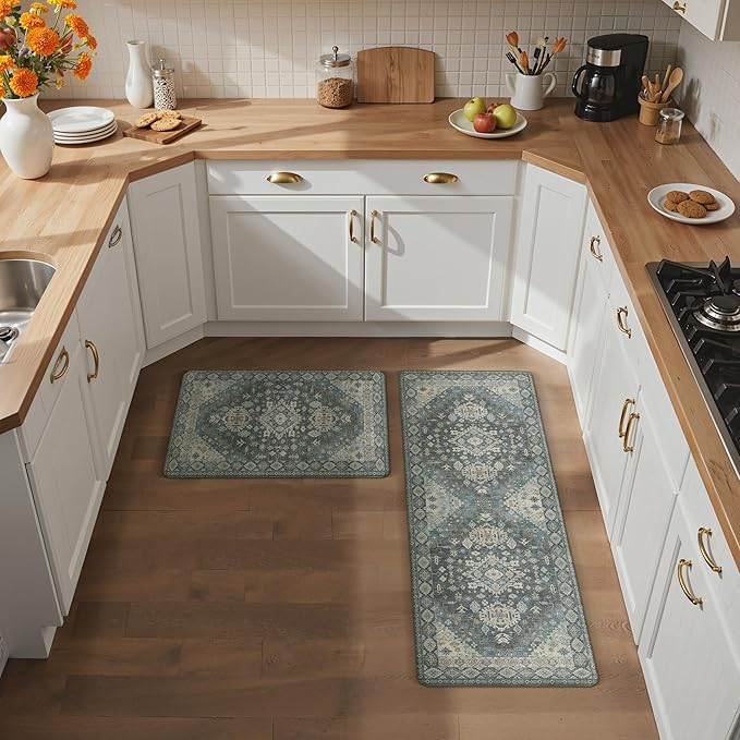 GENIMO Kitchen Mats for Floor, 2PCS Kitchen Rugs Non Slip Washable, Waterproof Anti Fatigue Mat, Comfort Standing Runner Rug for Sink, Office, Laundry, Home, 17.3"x47"+17.3"x30", Slate Blue
