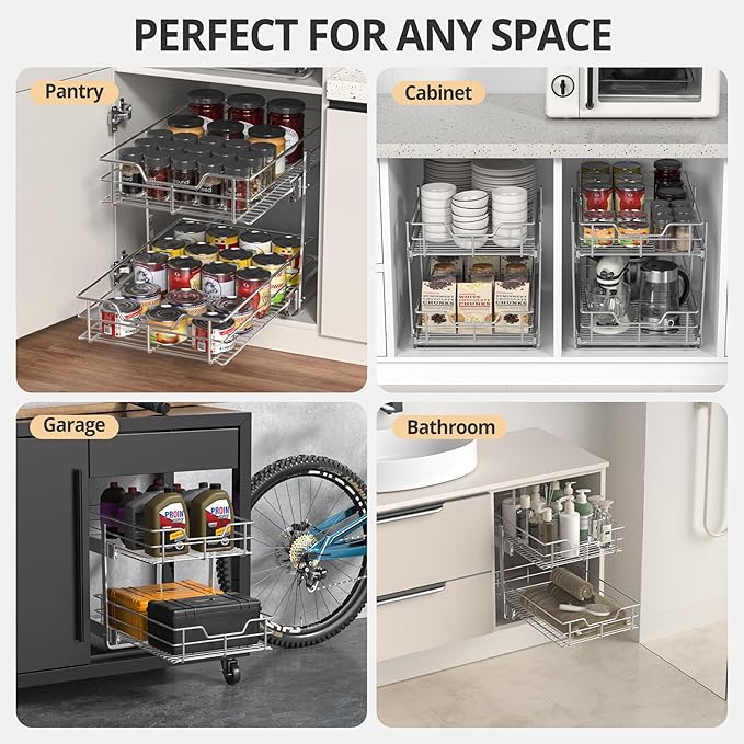 ZOINLIY Pull Out Cabinet Organizer, Versatile Slide Out Kitchen Organizers and Storage,Heavy Duty Drawer Cupboard Storage Basket, Smooth Sliding, Chrome Finish (2-Tiers-17¾''W×22“D)