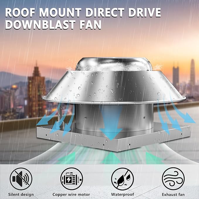 Roof Exhaust Fan Direct Drive Axial Downblast Exhaust Fan -21"" Fan Base, 1/6 HP 115 Volt Single Phase Motor 1160 CFM, 14 Inch, Aluminum
