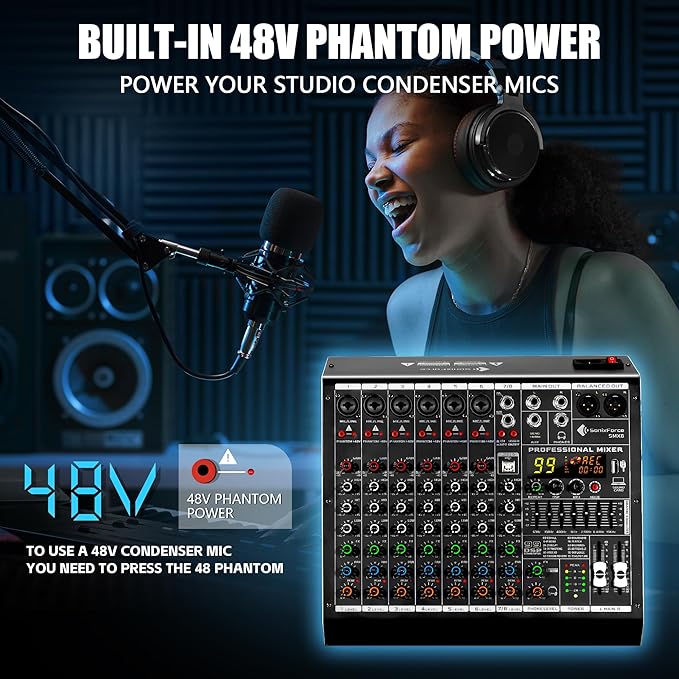 8 Channel Audio Mixer, 99 DSP Sound Board Console with 48V Phantom Power, Professional DJ Mixer for Podcasting, Streaming, Studio Recording (SMX8)