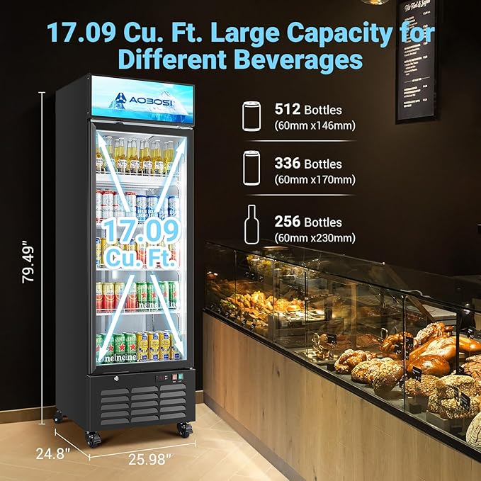 AAOBOSI Commercial Merchandiser Refrigerator,17.09Cu.Ft Glass Door Display Refrigerator,Upright Beverage Cooler Fridge with Soft LED Light, Customizable Lightbox,Universal Casters,Adjustable Shelves