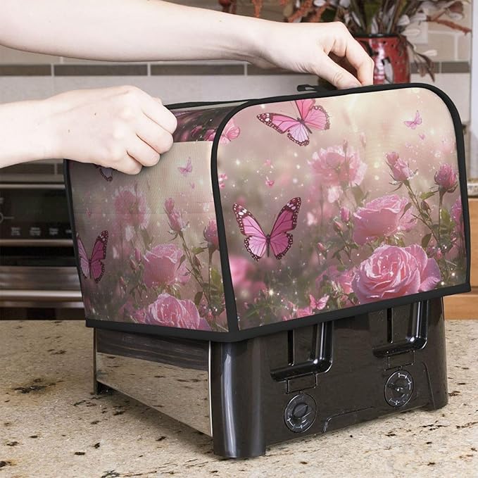 4 Slice Toaster Cover for Kitchen Spring Butterfly Rose Garden Waterproof and Dustproof Toaster Dust Cover with Side Pockets Decorative Universal Cover for Wide Slot Toasters and Small Appliances