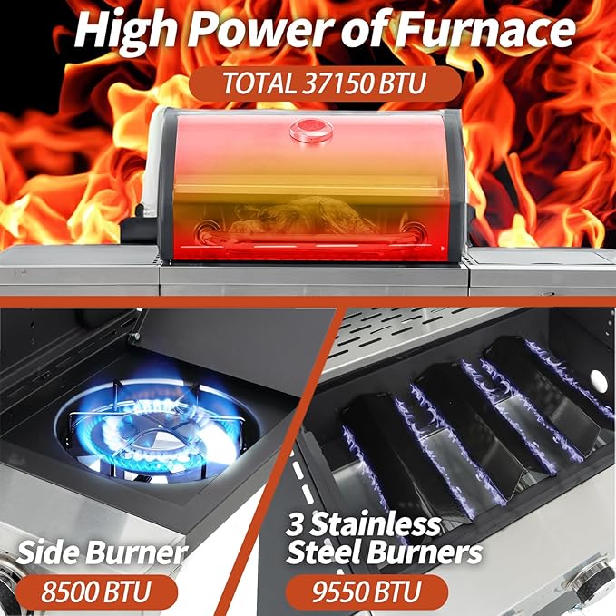 3-Burners Propane Gas Grill Outdoor with Side Burner & Thermometer, Stainless Steel Propane Grill for Outdoor BBQ and Camping, Patio Backyard Barbecue, 33950 BTU Output