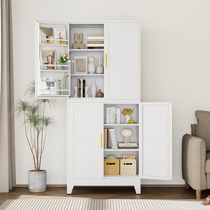 74.8" Tall Metal Food Cabinet, White Kitchen Pantry Cabinet, Storage Cabinets with 4 Door and 4 Adjustable Shelves, Steel Freestanding Cupboard for Kitchen Dining Room Living Room Bathroom