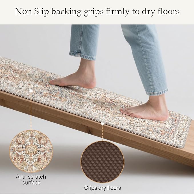GENIMO Kitchen Mats for Floor, 2PCS Kitchen Rugs Non Slip Washable, Waterproof Anti Fatigue Mat, Comfort Standing Runner Rug for Sink, Office, Laundry, Home, 17.3"x47"+17.3"x30", Orange&Brown