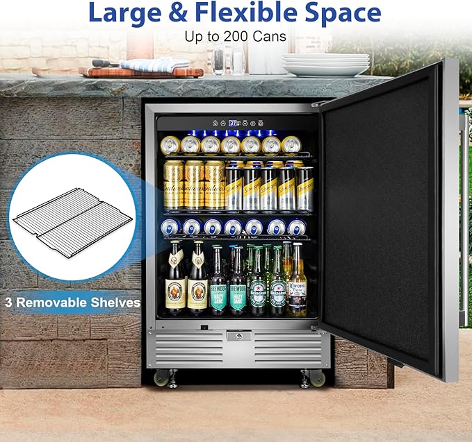 Outdoor Refrigerator 24 Inch, Undercounter Beverage Fridge with Wheels, 180 Cans Waterproof Stainless Steel Fridge for Outdoor Kitchen and Patio
