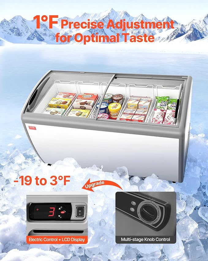VEVOR Commercial Ice Cream Display Case, 16.3 Cu.ft Chest Freezer, -19 to 3℉ Temp Adjustable Mobile Top Deep Freezer with 5 Wire Baskets, 2 Sliding Glass Doors, Locking Casters & LED Strip Lighting
