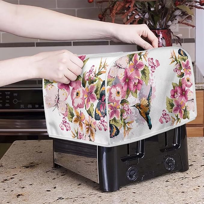 Hummingbird Flower Print Toaster 4 Slice Cover Stain Resistant Bread Maker Cover Dust Fingerprint Protection Kitchen Home Decor