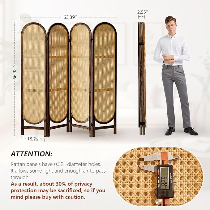 4 Panel Room Divider, 5.6 Ft Foldable Wood Room Divider Screen, Hand-Woven Rattan Folding Privacy Screens with Double Hinges, Wall Divider for Room Separation Bedroom Home Office - Brown