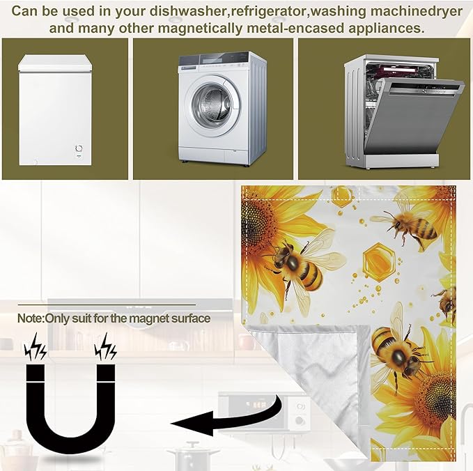 Bees Flying Dishwasher Magnets Decorative Cover,Sunflowers Magnet Fridge Panel Decal for Home Kitchen Decor,23x26 in