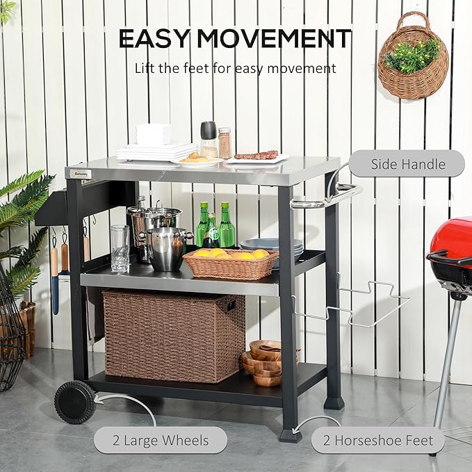 Outsunny Three-Shelf Outdoor Grill Cart with Stainless Steel Tabletop, Side Handle, 32" x 20.5" Multifunctional Pizza Oven Stand, Movable Food Prep Table on Wheels, Black