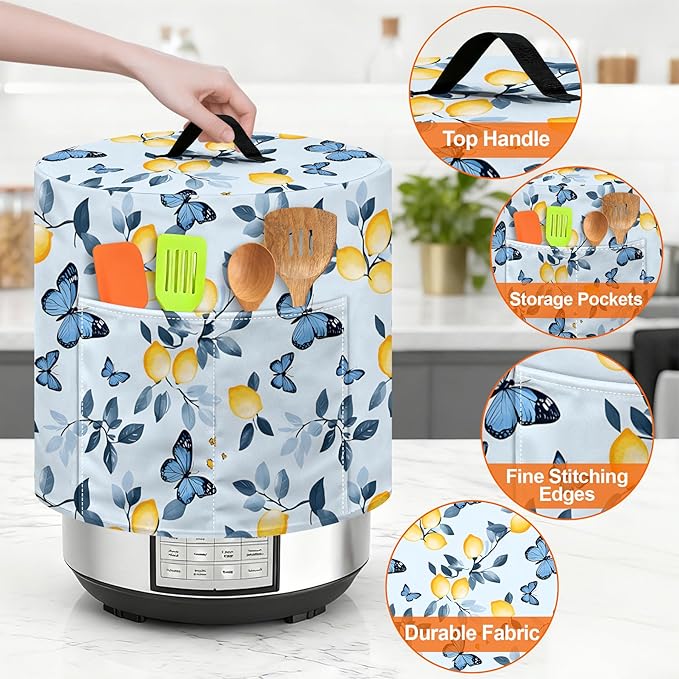 Kitchen Appliance Accessories Dust Cover for 3-6-8 Quart Instant Pot, Pressure Cooker, Air Fryer & Crock Pot,Decorative Appliance Cloth Cover with Top Handle & Storage Pockets (Blue, 8 Quart)