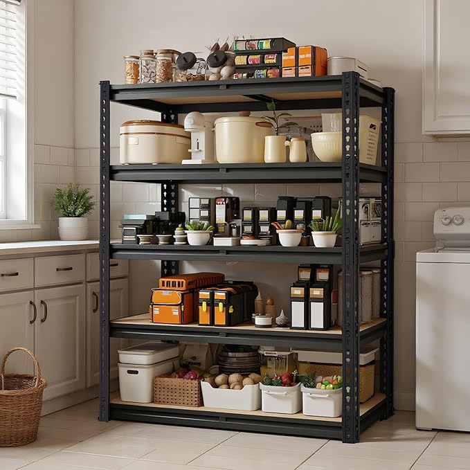 Storage Shelving Unit, 5 Tier Garage Shelves Heavy Duty, Adjustable Metal Shelving Unit,2400LBS Black for Pantry, Basement, Warehouse, Kitchen, Pantry and Closet,72''H