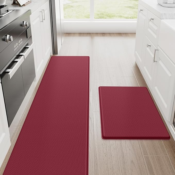 StepRite Kitchen Mats, 2PCS Kitchen Rugs, Cushioned Anti Fatigue Kitchen Mats for Floor, Non-Slip Standing Desk Mat, Waterproof Kitchen Rug Set for Kitchen, Floor, Office, 17.3"x30"+17.3"x70", Red