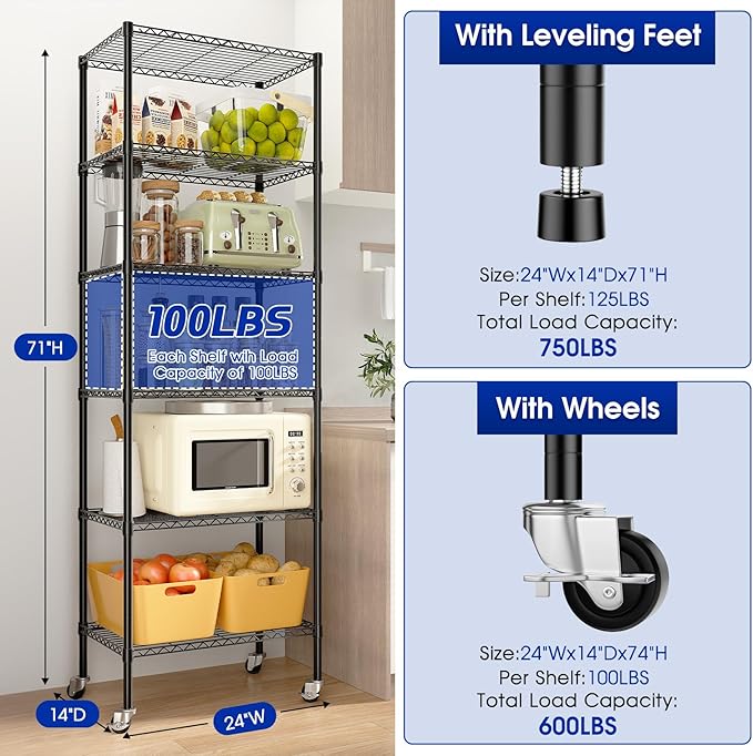3 Pack Adjustable 6-Tier Storage Shelves with Wheels, 750 lbs Capacity Heavy Duty Wire Shelving Rack, 14" D x 24" W x 71" H Rolling Metal Shelving for Garage, Closet, Kitchen