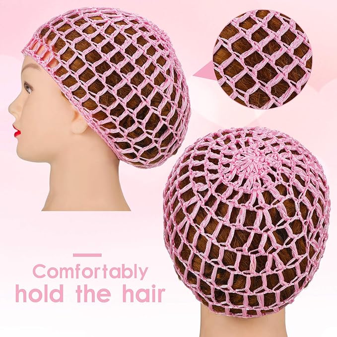 Geyoga 4 Pieces Mesh Crochet Hair Net Rayon Knit Snood Hat Thick Short Women Hairnet Snoods Cover Ornament for Sleeping (Pink, Rose Red, Green, Royal Blue)