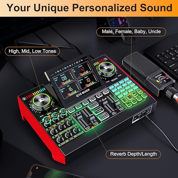 Live Sound Card Audio Mixer, Podcast Equipment Bundle with 3.5mm Condenser Microphone for Pc/Phone Live Streaming Singing Gaming, Sound Board with Voice Changer, Denoise