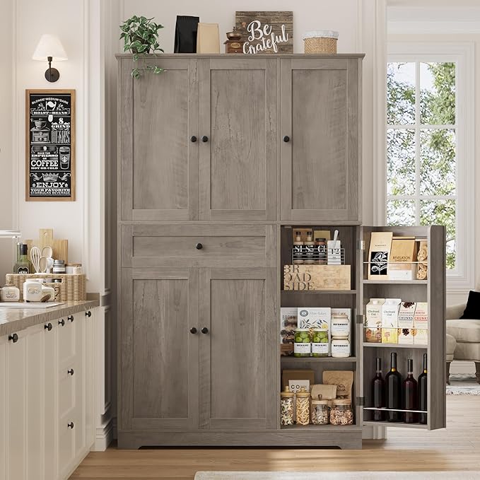 HOSTACK 68" Tall Kitchen Pantry Storage Cabinet, Modern Kitchen Hutch Cabinet with Doors and Shelves, Freestanding Food Pantry with Large Storage Drawer for Dining Room, Living Room, Ash Gray