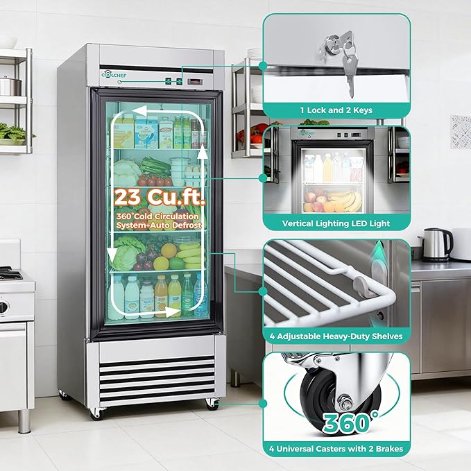 COOLCHEF 27" Commercial Glass Door Refrigerator, 23 Cu.Ft Single Door Reach-In Cooler, 33-40℉, Low-E Tempered Double Glass, 4 Shelves, R290
