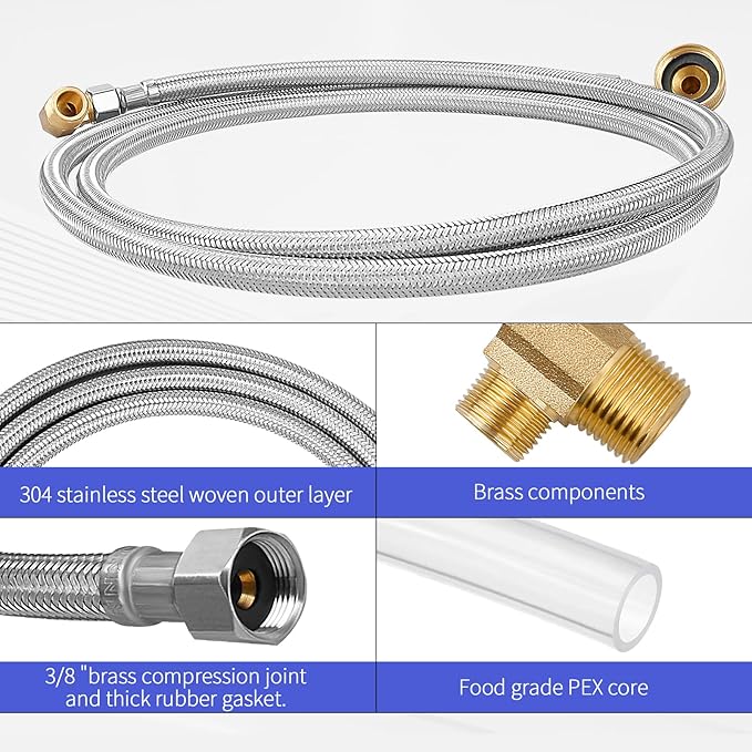 Dishwasher Installation Kit, Braided Stainless Steel Dishwasher Connector, 10 FT Water Supply Line with 3/8 Inch Compression Ends, 3/8 Inch MIP Elbow and 3/4 Inch FHT Elbow, Short Distance Connection