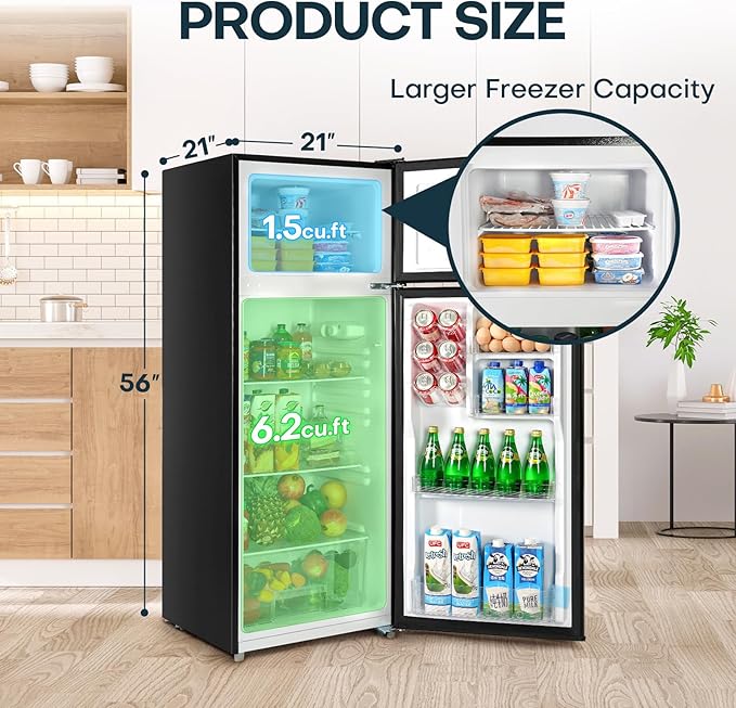 Upstreman 7.7 Cu.Ft. Refrigerator with Freezer, Double Door Fridge, Adjustable Thermostat, Large Capacity, Reversible Door Swing, Refrigerator for Apartment, Office, Dorm, Black（BD75）