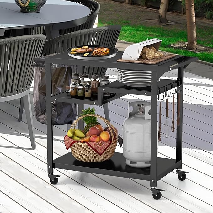 Giantex Outdoor Grill Cart - Pizza Oven Stand Table with Lockable Wheels, Three-Shelf Outdoor Cooking Prep Table with Garbage Bag Holder, Removable Hooks, Movable Dining Cart for Kitchen BBQ Party