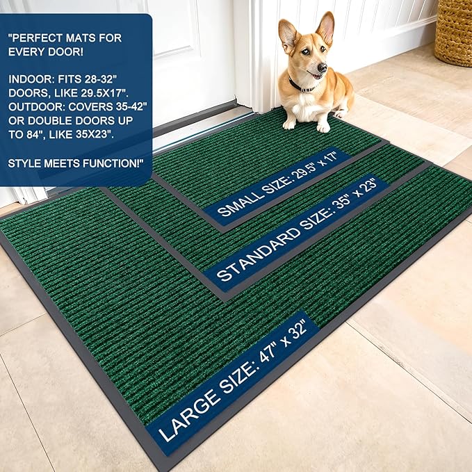 OLANLY Front Door Mat Indoor Outdoor Entrance, Waterproof Heavy Duty Doormat, Fade Resistant, Low Profile, Easy Clean Patio Porch Welcome Floor Mats for Entry, 47x34, Green