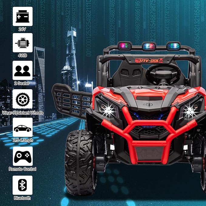 24V Ride On Car for Kids, 2 Seater Ride On UTV, Battery Powered Kids Electric Car with Remote Control, 4WD Side by Side Ride On Truck with Bluetooth, Red