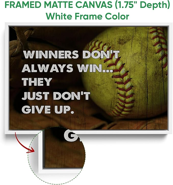 Softball Poster & Framed Canvas, Inspirational Sports - Never Give Up - Motivational Quotes Home Office Decor, Bedroom Living Room Aesthetic Wall Art Gift For Daughter, Girl