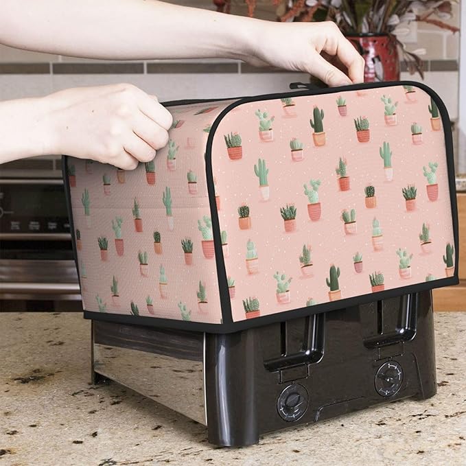 4 Slice Toaster Cover for Kitchen Cactus Pattern Pastel Waterproof and Dustproof Toaster Dust Cover with Side Pockets Decorative Universal Cover for Wide Slot Toasters and Small Appliances