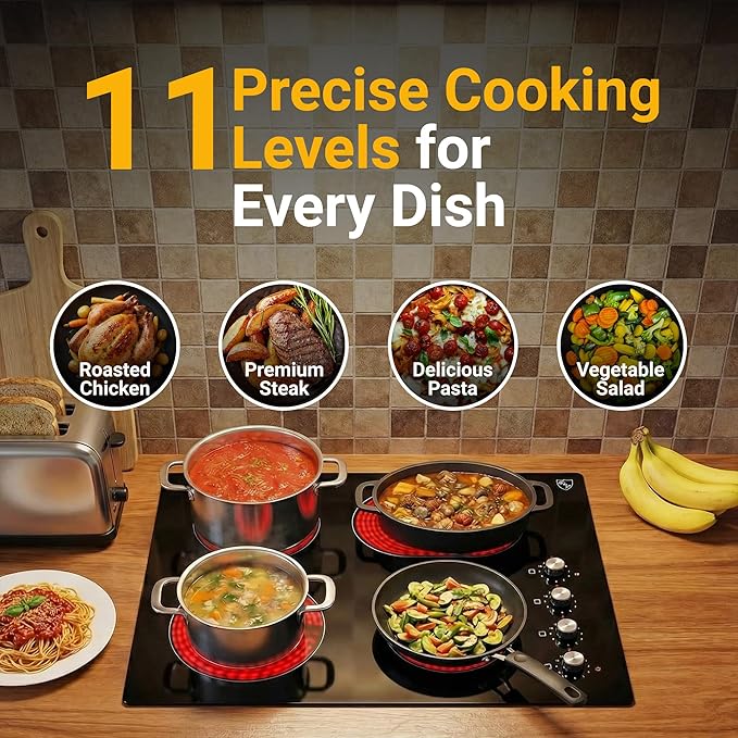 K&H 4 Burner Electric Cooktop - 30 Inch Built-In Radiant Ceramic Stove Top with 11 Power Levels & Knob Control, Compatible with All Cookware, 240V, 7200W High-Power Built-in Electric Stove, CE30-7206K