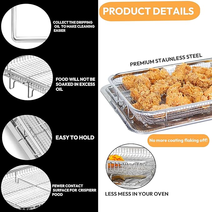 18.7" X 12.8" Extra Large Air Fryer Basket for Oven, OvenCrisp Oven Air Fryer Basket and Tray Set With 30PCS Parchment Papers, Stainless Steel Air Fryer Pan and Crisper Tray for Frying Baking