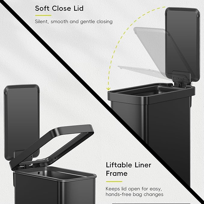 EKO Hudson Slim 50L / 13.2 Gallon Kitchen Trash Can with Lid, Stainless Steel Step Garbage Can for Kitchen or Home, Space-Saving Garbage Can with Soft Close Lid, Stay-Open, Liner Ring, Matte Black