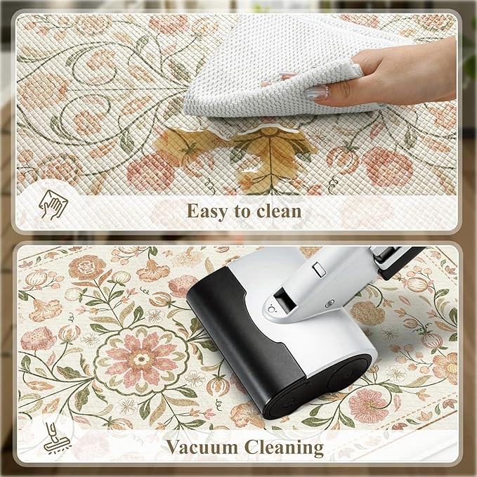 KIMODE Cushioned Kitchen Floor Mats Cushioned Anti Fatigue,Farmhouse Boho Floral Kitchen Runner Rug 2 Piece,Long Memory Foam Standing Carpet for Laundry Sink Office,Beige