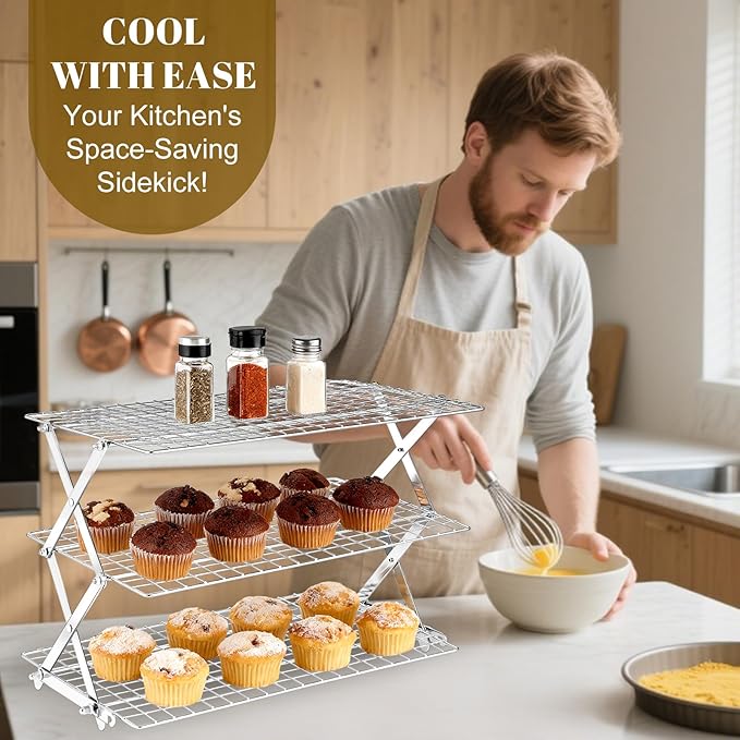 BEWOS 3 Tier Collapsible Cooling Rack - Adjustable Stainless Steel Baking Rack with Mesh Leak Proof，Foldable X-Shaped Structure Cooling Racks for Cooking and Baking, Dishwasher Safe