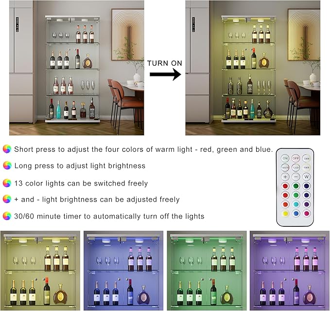 Yoluckea 4 Shelves Glass Display Cabinet with LED Light and 2 Doors,Floor Standing Clear Glass Curio Collection Display Cabinet for Living Room Bedroom 64.7” x 31.7” x 14.3” White