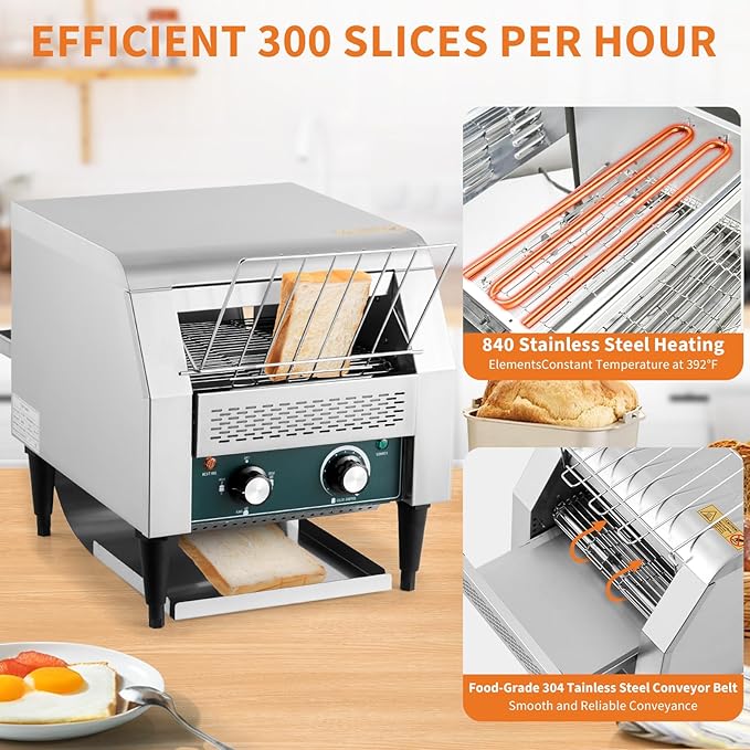 High-Capacity Commercial Conveyor Toaster, 1800w 110v for 450 Slices Per Hour, Stainless Steel Construction with 7 Browning Settings & Timer, Ideal for Restaurant, Bagel Shop, Bakery, Buffet