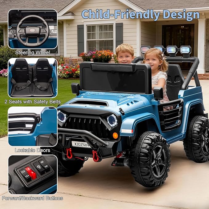 2 Seater Ride on Car Toy for Kids, 24V 4x4 Ride-on Truck, w/Parent Control, Soft Start, 3 Speed, 4-Wheeler Suspension, Bluetooth, LED Lights, Electric Car for Kids Toddler Ages 3-8, Lake Blue