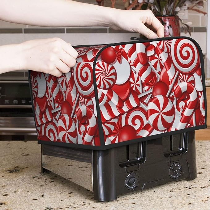 Red And White Christmas Candy Canes 4 Slice Toaster Cover, Waterproof Toaster Dust Cover Bread Maker Protective For Small Kitchen Appliance Dining Room Table Home Decor Gifts