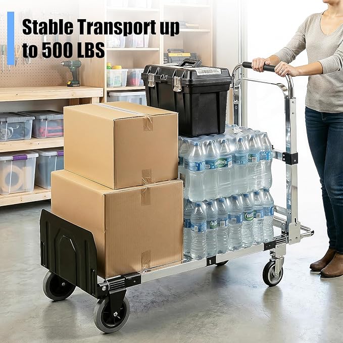 3 in 1 Folding Hand Truck Dolly Cart, Heavy-Duty Foldable and Convertible Design, Lightweight Portable Utility Cart with Rubber Wheels and Telescoping Handle for Moving, 500 lbs Capacity (Black)