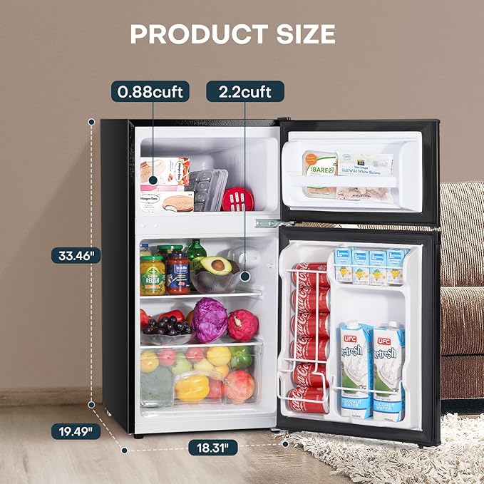 Upstreman 3.1 Cu.Ft Mini Fridge with Freezer, Double Door Small Fridge, Dorm Essentials, Adjustable Thermostat, Energy Saving, Mini Refrigerator for Office, Dorm, Bedroom, Black