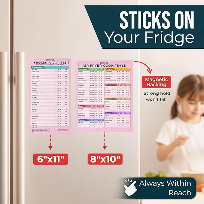 Cathy Yoder's Air Fryer Cheat Sheet Set, Air Fryer Accessories, AirFryer Cooking Guide Magnetic Cheat Sheet, AirFryer Cook Times Chart Magnet, Internal Food Temp for 80+ Popular Foods - Pink