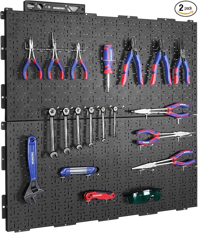 WORKPRO Metal Pegboard 16”x 32” Steel Panel with Round Holes & Vertical Slots, Black Heavy Duty Garage Peg Board Wall Pegboard Organizer for Wood Working Work Shop, Craft Room, 2 Pack