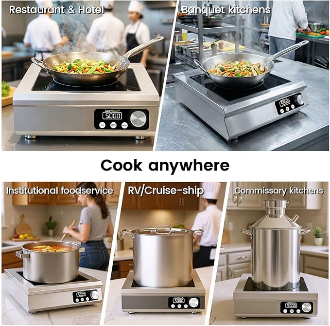 5000W Commercial Induction Cooktop, NESTIQEX 208V 3-Phase Large Induction Burner with 20 Power & Temp Levels, 9.25" Large Coil, 24h Timer, Pro Electric Countertop Burners for Restaurant
