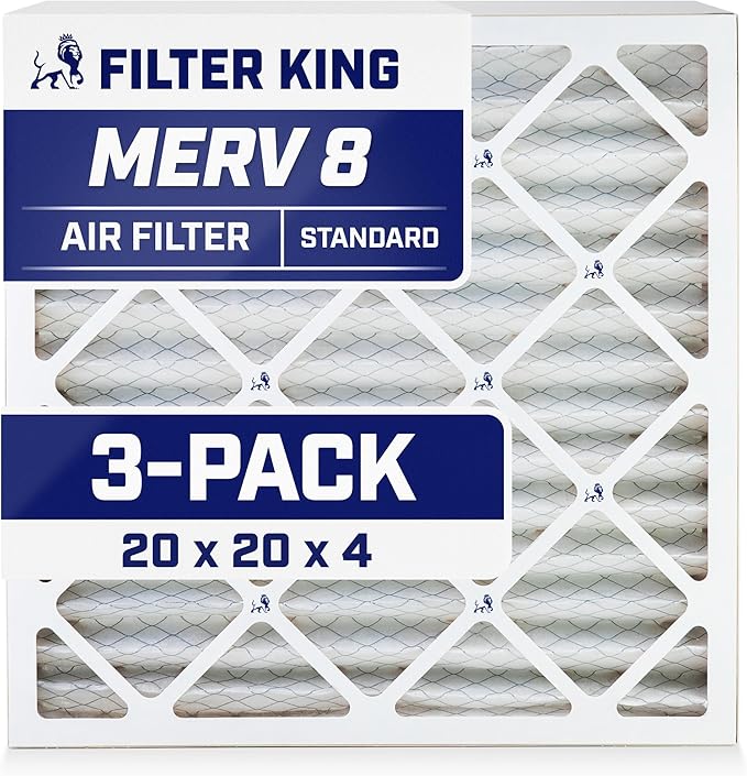 Filter King 20x20x4 Air Filter | 3-PACK | MERV 8 HVAC Pleated A/C Furnace Filters | MADE IN USA | Actual Size: 19.5 x 19.5 x 3.75"