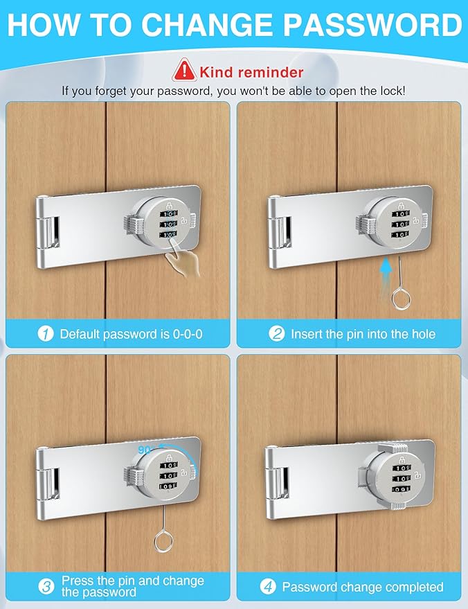 Keyless Cabinet Combination Lock, 3-Digit Password Twist Knob Hasp Latch for Doors, Cabinets, Drawers, Barn Door, Bathroom, Outdoor, Closet, Fence, Durable Zinc Alloy, (Silver, 1 Pack)